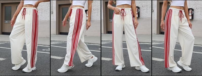 Tanming Womenswear Streetwear Stripe Straight Cut Barrel Leg Parachute Cargo Pants Y2K Elasticated Waistband Soft Wide Leg Pants with Pockets Casual Sweatpants for Hyrox