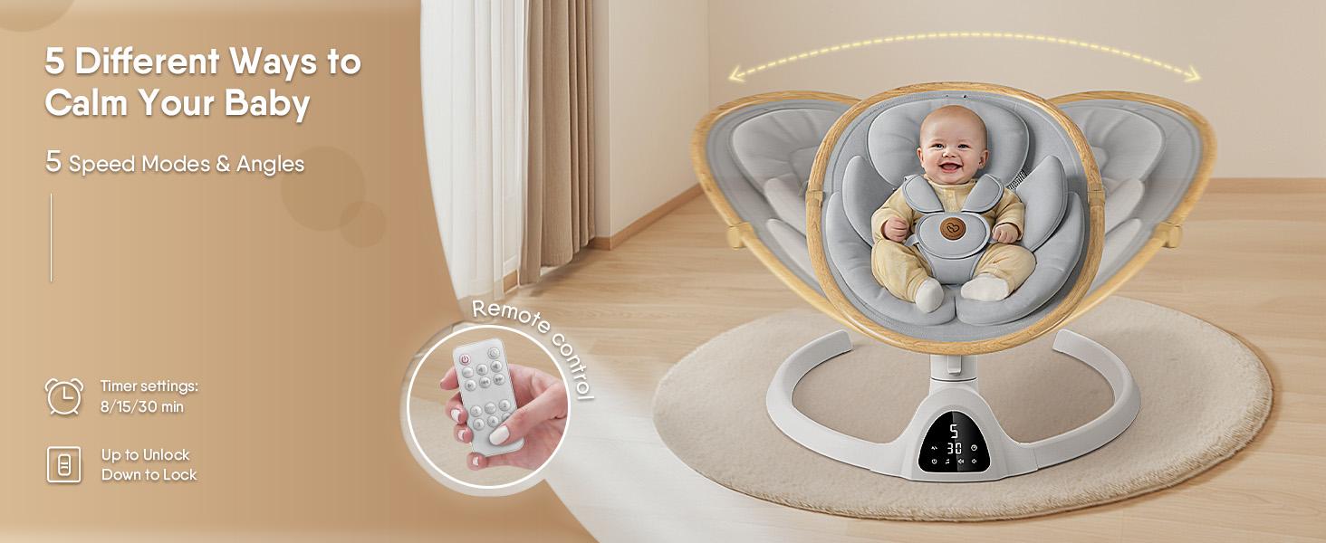 BabyBond Bluetooth Electric Baby Swing for Infants & Newborns, 3Gear & 5-Speed Portable Baby Rocker with 12 Songs, Indoor/Outdoor Automatic Baby Swing, Ideal Baby Shower Gift for Boys & Girls (Woodgrain Design)
