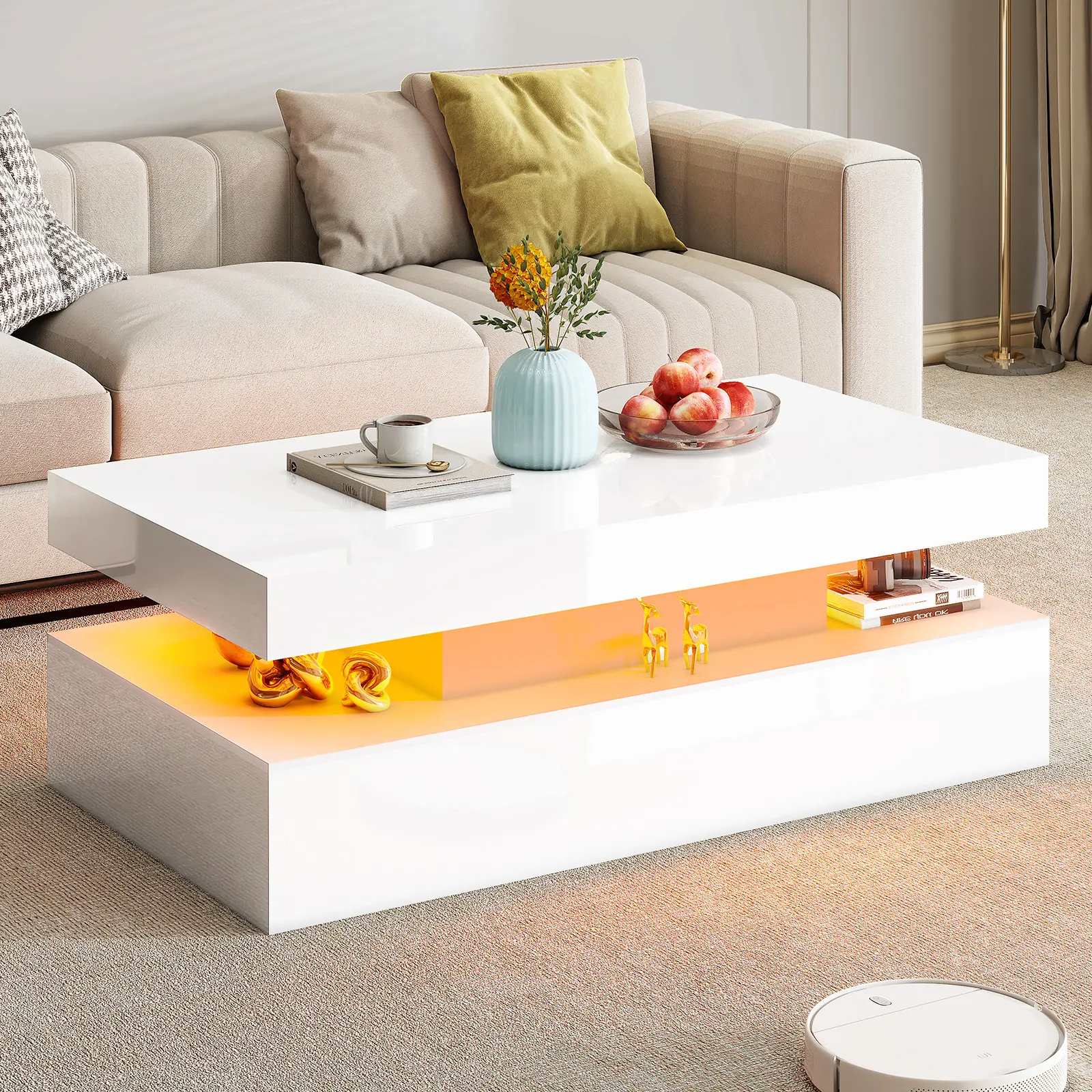 VanAcc High Gloss Coffee Table, Modern 2-Tier Center Table with LED Lights, Open Storage Space, 40in Simple Rectangular Sofa Side Table for Living Room, Office