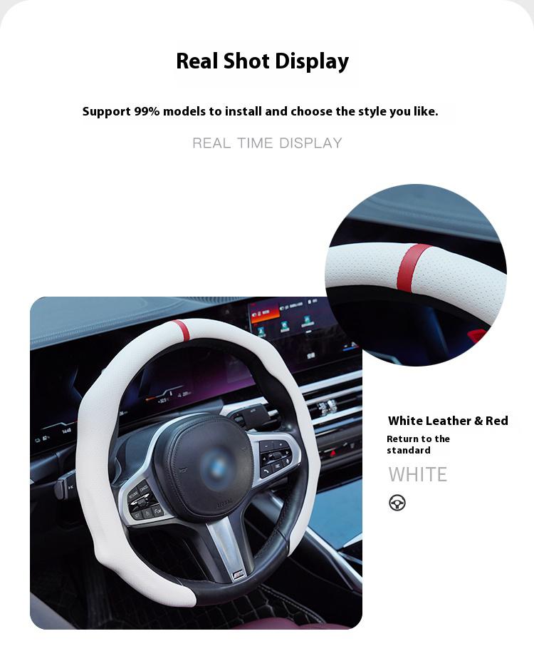 Napa Nappa Leather 15Inch 5D Premium Steering Wheel Cover Ultra-Thin Breathable Anti-Slip Sweat-Resistant Easy Install Universal Fit Enhance Driving Safety Comfort Must-Have Car Essential White