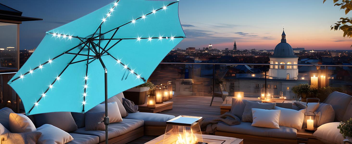 10 ft Patio Pool Umbrella with 32 LED Solar Lights UV-Resistant Outdoor Table Umbrella with Tilt and Crank for Backyard Deck Garden and Beach Cover 10 ft Patio Pool Umbrella with 32 LED Solar Lights UV-Resistant Outdoor Table Umbrella with Tilt and Crank for Backyard Deck Garden and Beach Cover