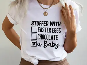 Easter Pregnancy Reveal T-Shirt, Stuffed With Easter Eggs Chocolate And A Baby Shirt, Funny Easter Maternity Tee, Baby Announcement Graphic T-Shirt, Eggspecting Pregnancy Shirt, Promoted To Mom Tee, Gift For Men And Women, Classic Cotton Full Colors Shirt