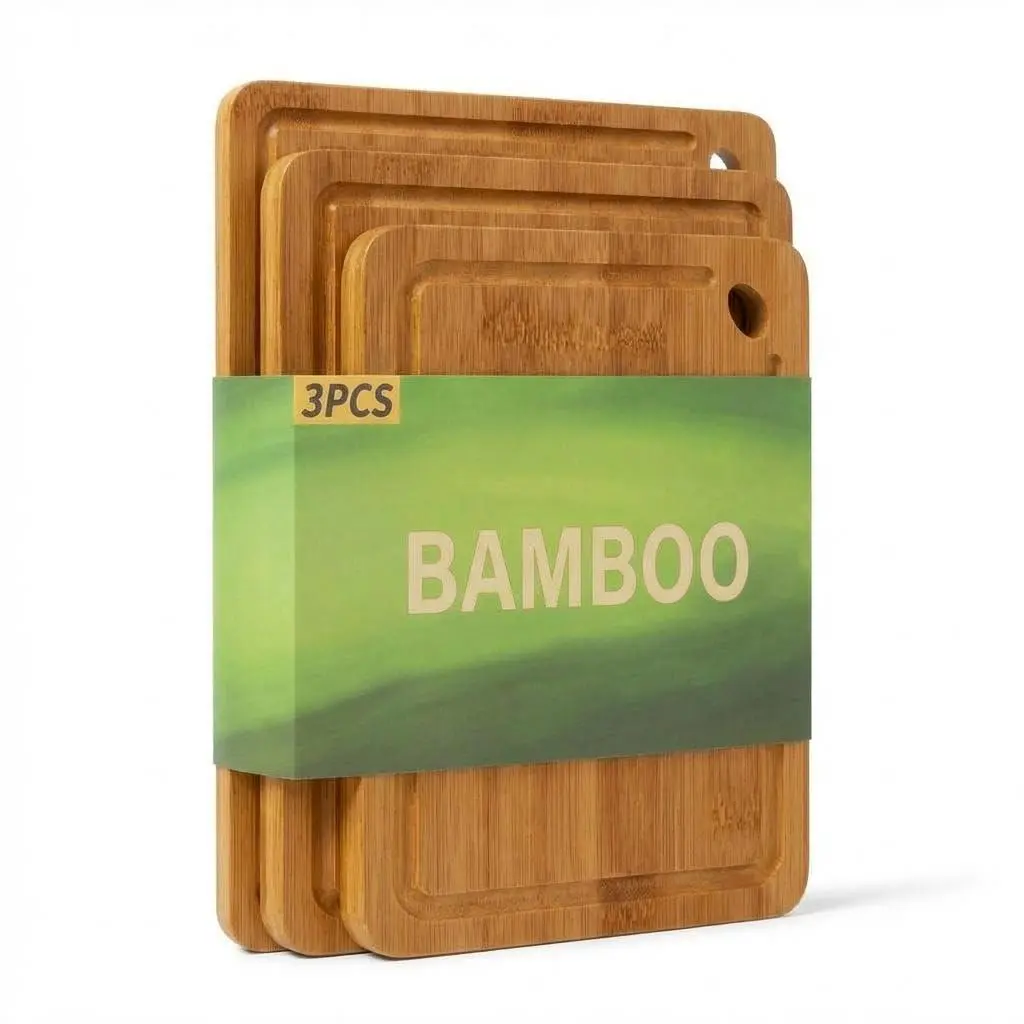 Carbonized 3-Piece Bamboo Cutting Board Set - 3 Sizes, Deep Juice Grooves, Built-in Handle, for Charcuterie, Vegetables, Kitchen Use, Three Sizes