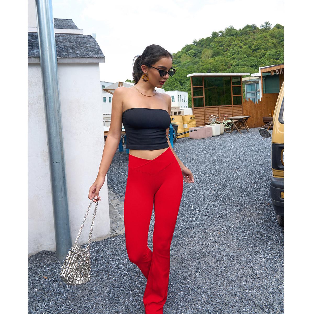 OQQ Women's 2 Piece Flare Pants Ribbed Seamless Workout High Waist and Cross Over Bell Tummy Control Bottoms Basic Comfort Exercise Flare Leggings SpringStatements