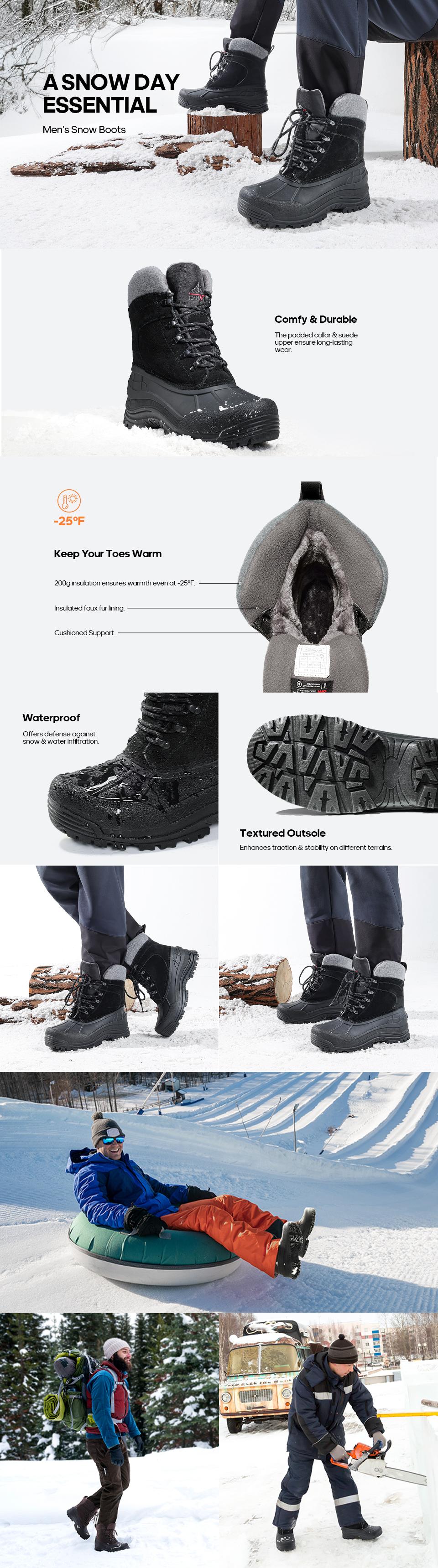 NORTIV 8 Men's Fur Lined Waterproof Winter Shoes & Snow Boots Black Boy Footwear with Rubber Sole & Thinsulate Material for Cold Weather - Furboots