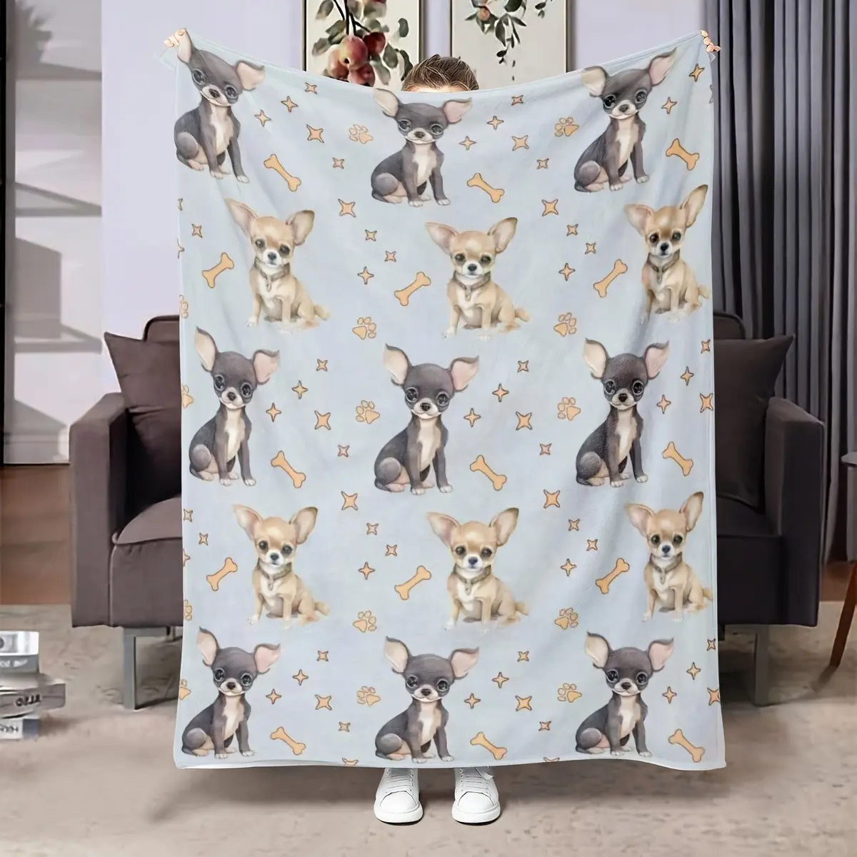 Chihuahua Cute Theme Flannel Blanket - Multi-Size, Puppy Paw, Bone, Star Puppy Motifs, Soft Cozy Warm Plush Throw, Ideal Gift for Chihuahua Lovers, Home Relaxation for Living Room Sofa