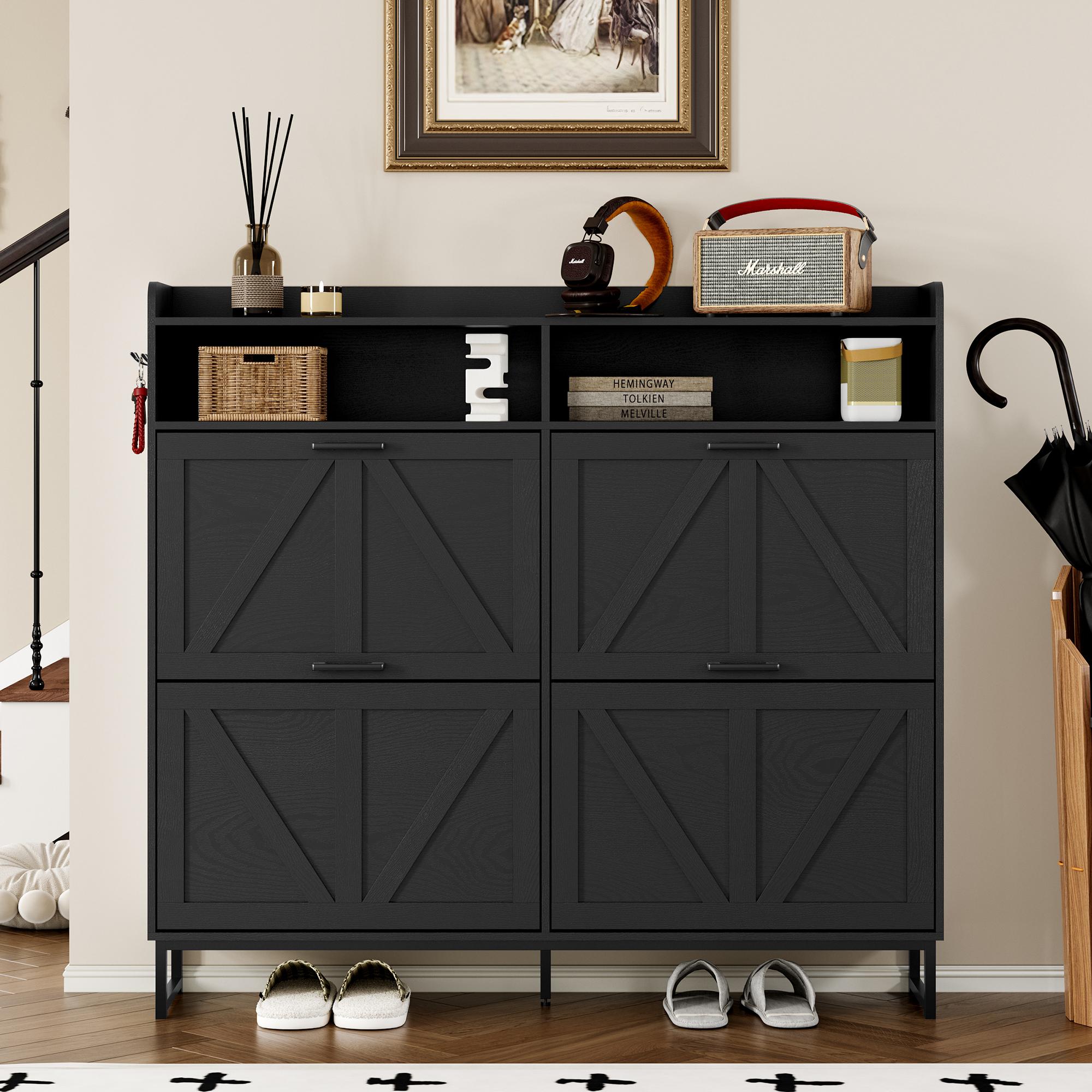 Shoe Cabinet with 4 Flip Drawers, Freestanding Hidden Shoe Storage Organizer for Entryway, Narrow Slim Shoe Rack Cabinet with Open Storage & Hooks for Front Door Entrance, Living Room, Hallway, Black