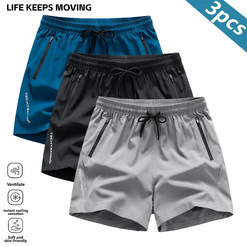 3-Piece Men's Quick-Drying Lightweight Sports Shorts - Universal Soft Fabric for Fitness, Running, Beach and Pool | Machine Washable Solid Color Training Shorts, Casual Wear for Surfing and Volleyball, Breathable and Comfortable