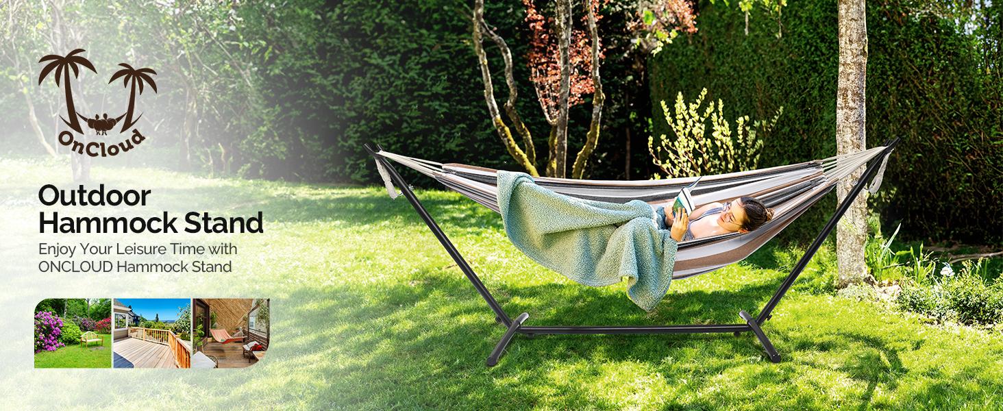 ONCLOUD 9 FT Hammock Stand Only, Heavy Duty Adjustable Indoor Outdoor Space Saving Steel Stand with Carrying Case, Universal Hammock Stand with 450 Pounds Capacity for Garden, Yard, Patio, Black