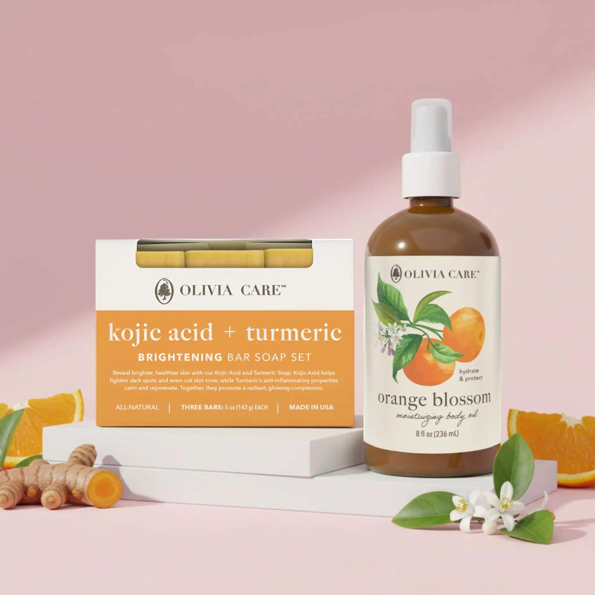 Kojic Acid Turmeric Soap & Orange Blossom Body Oil Duo | Brightening Cleanse & Glow | Olivia Care
