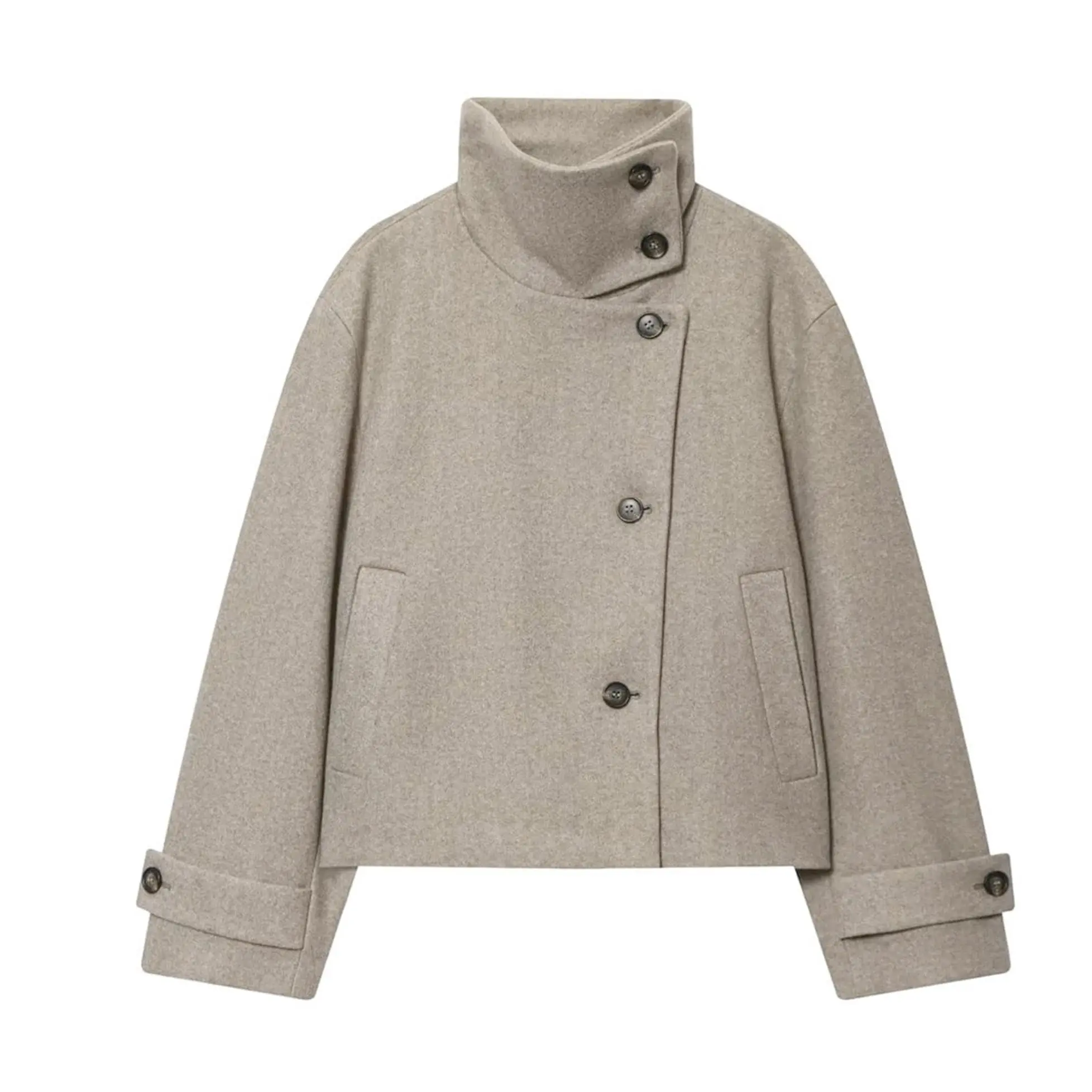 Keeliya Women's Bestseller French-Style Minimalist Stand Collar Long-Sleeve Basic Jacket - Premium Wool-Like Fabric, Fitted Button-Up, Cropped Design, Functional Pocket, Comfortable Women's Clothes
