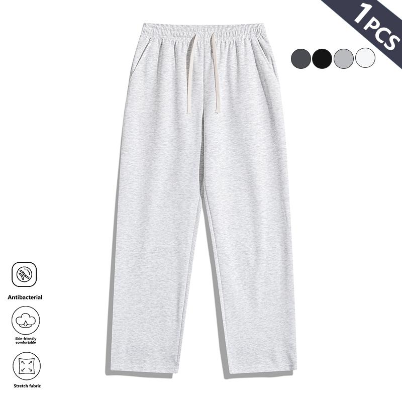Men's Solid Gray Basic Drawstring Waist Sweatpants Micro-Elastic Comfortable Straight Casual Trousers Regular Version Spring Autumn Outdoor Sportswear Double Pockets All Seasons