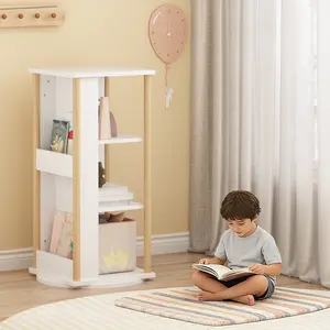 360° Rotating Kids Bookshelf with Chalkboard, 3-Tier Wood Floor Revolving Bookcase & Toy Storage Organizer for Small Space, Study, Office, Picture Book Display Stand for Toddlers, Nursery & Playroom, White and Natural