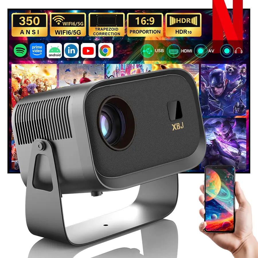SummerVibes XBJ FHD Portable Projector - 1080P, 350 lm, 360-degree rotation, wireless HDMI, auto Keystone correction, Bluetooth 5.3, wifi enabled, voice control, home cinema, projector movie night for smartphones/tablets, Plastic, 360 Degrees