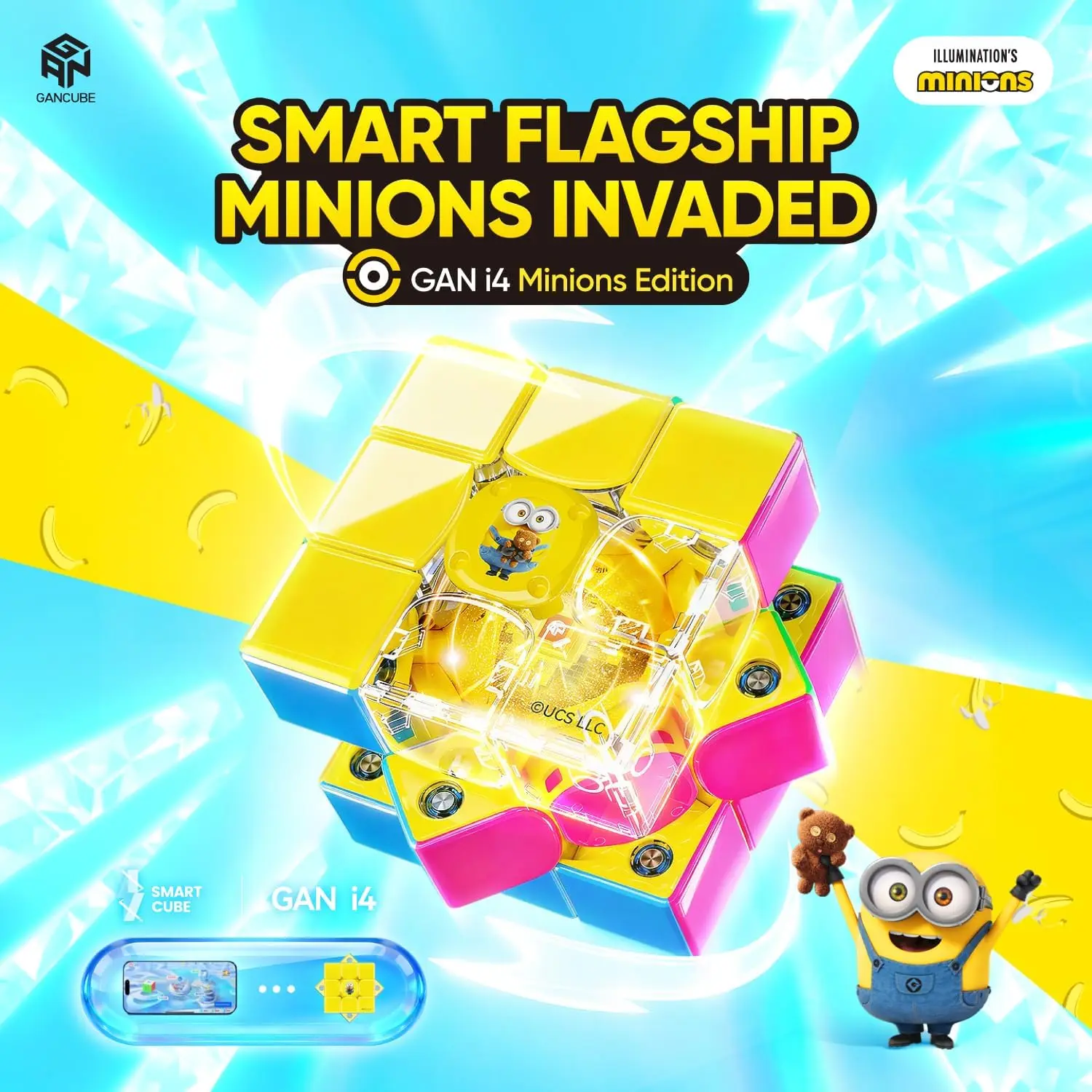 GAN Minions i4 Maglev Unisex Plastic 3x3 Bluetooth Magnetic Speed Cube - Omni-Directional Smart Core, App Connected, Accurate Tracking, Gyroscope Timer Movement, Battery Powered Charging GANPod, UV Edition, Speedcubing Toy Gift for Kids/Adults