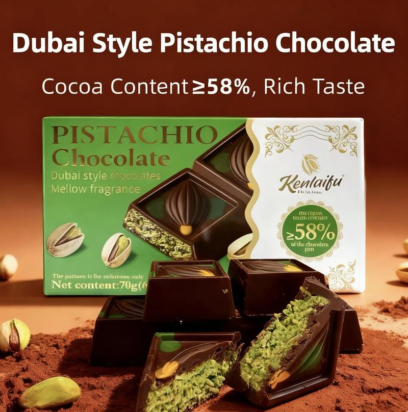 Kenlaifu Dubai Style Pistachio Chocolate 58% Cocoa Content Rich Nutty Irresistible Treat For Chocolate Lovers 70g Dessert Snack