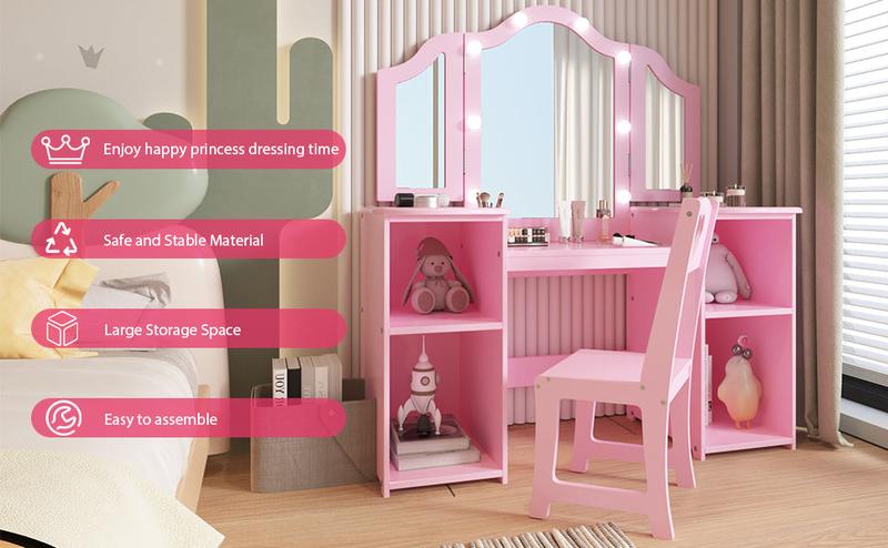 【GARVEE】Princess Vanity Table & Chair Set with 2-in-1 Design, Touch Light, Detachable Tri-Folding Mirror, Open Storage Shelves, Wood Makeup Playset, Easy Assembly, Pink