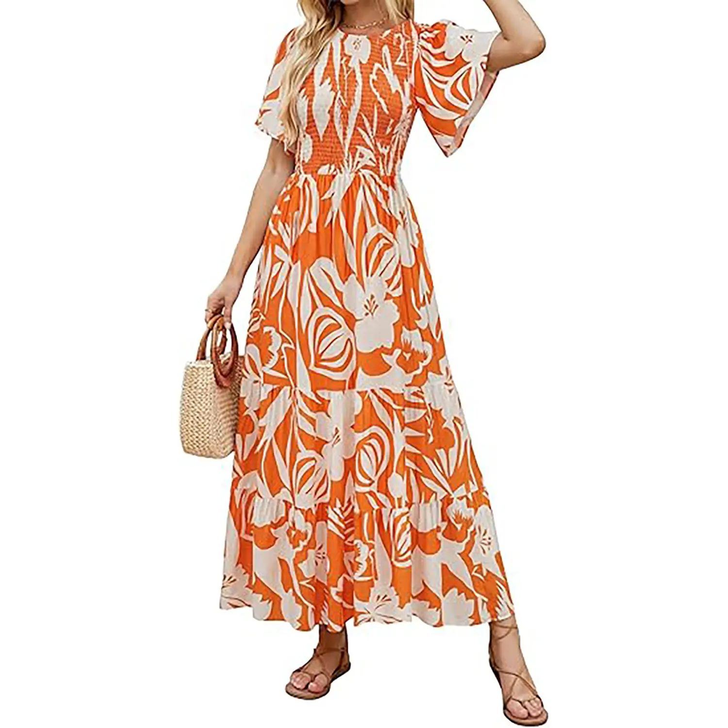 ZESICA Women's 2026 Summer Casual Floral Print Short Flutter Sleeve Crew Neck Smocked High Waist Flowy Maxi Dress
