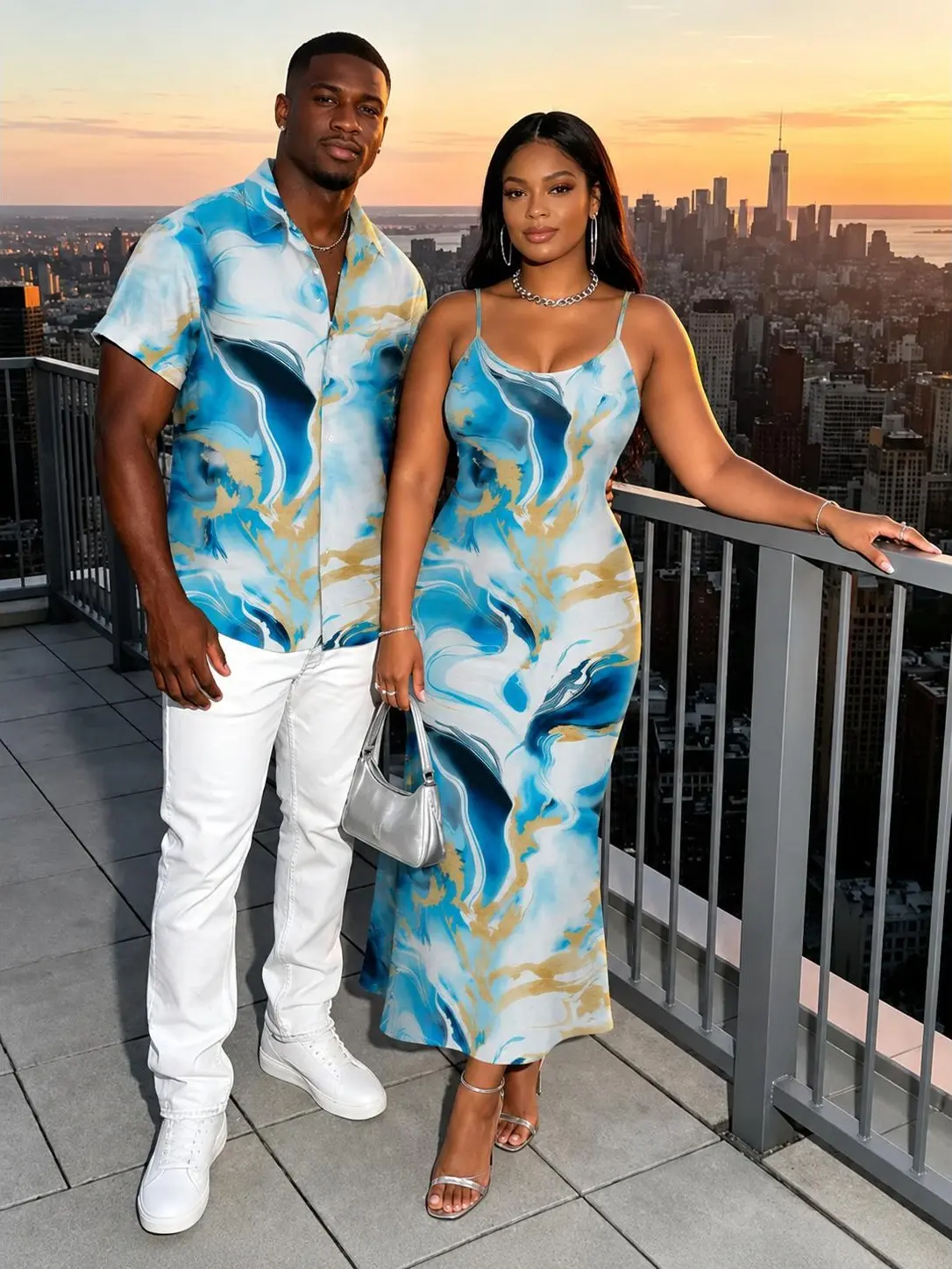 Women's 2-Piece 2026 Vacation Matching Outfits - Short Sleeve Marble Fluid Swirl Tie-Dye Shirt & Sleeveless Fitted Spaghetti Strap Mermaid Maxi Bodycon Dress, Casual Elegance, Rose, Button, Polyester Mix, Halter Neck, Women's Clothes