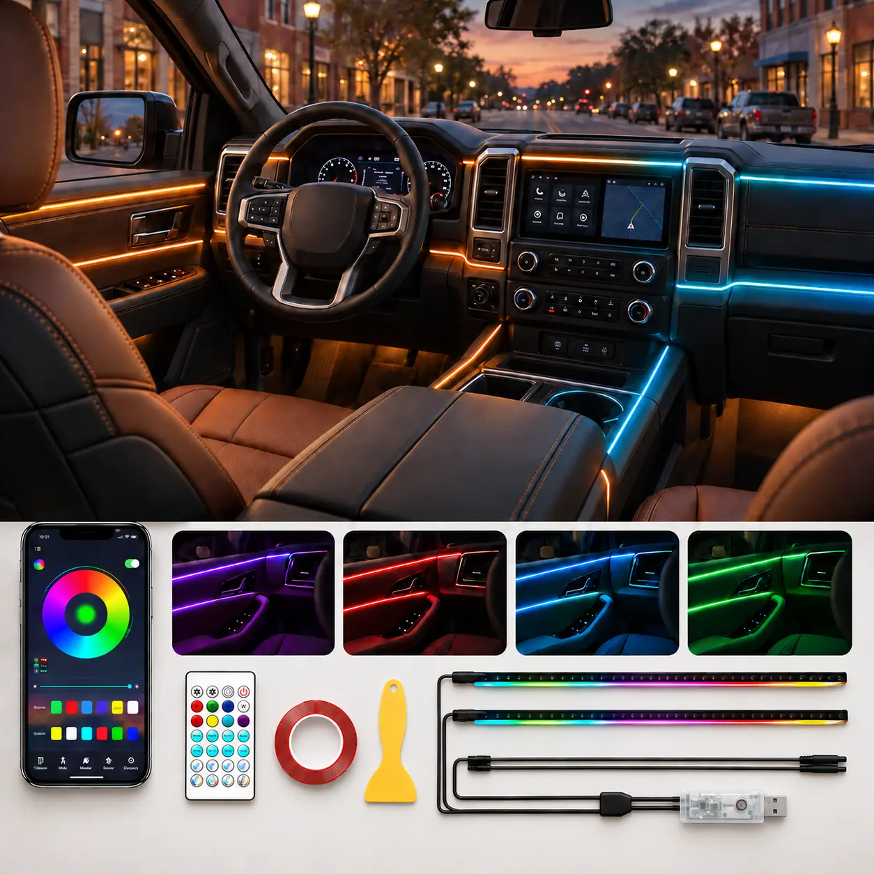 Smart RGB Car Ambient LED Lights, 2-in-1 110cm+110cm USB Interior Strip Kit with App Control, Music Sync & DIY Color Modes, Under Dash Footwell Accent Lighting for Cars & Trucks