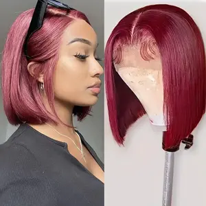 gk 16in 13x4 Transparent Lace Front Human Hair Wig, 99j Burgundy Short Straight Bob for Black Women, Pre-Plucked, 180% Density