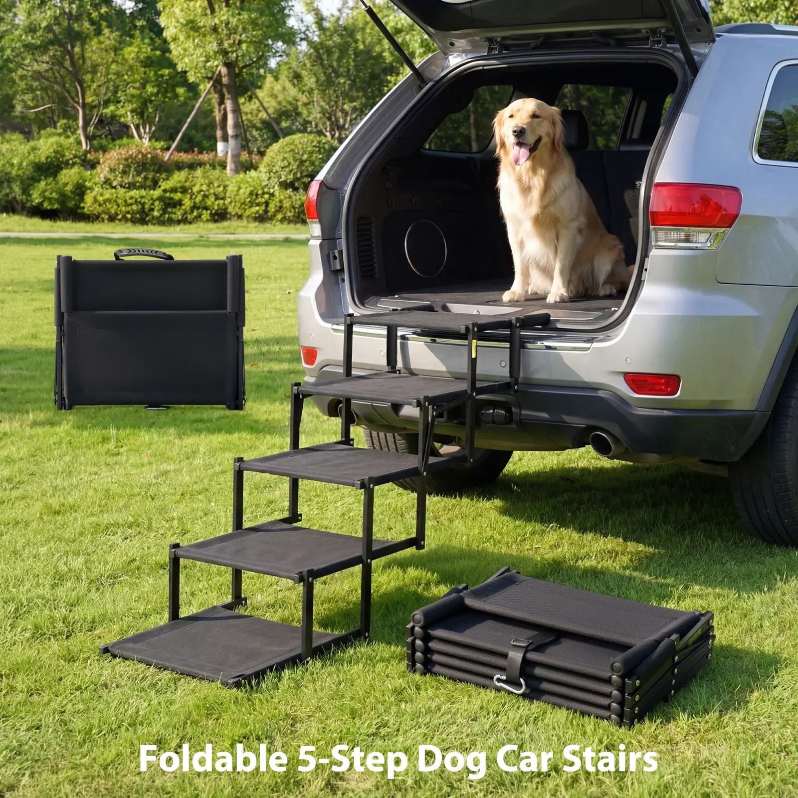 【tiktokshopbacktoschool】Cozila Foldable Dog Stairs for Car, 5-Step Heavy-Duty Pet Car Steps with Anti-Slip Surface, Portable & Secure for SUVs & Trucks Summervibes petlovers campingessentials, Textured, Easy Access, Aluminum,back to school