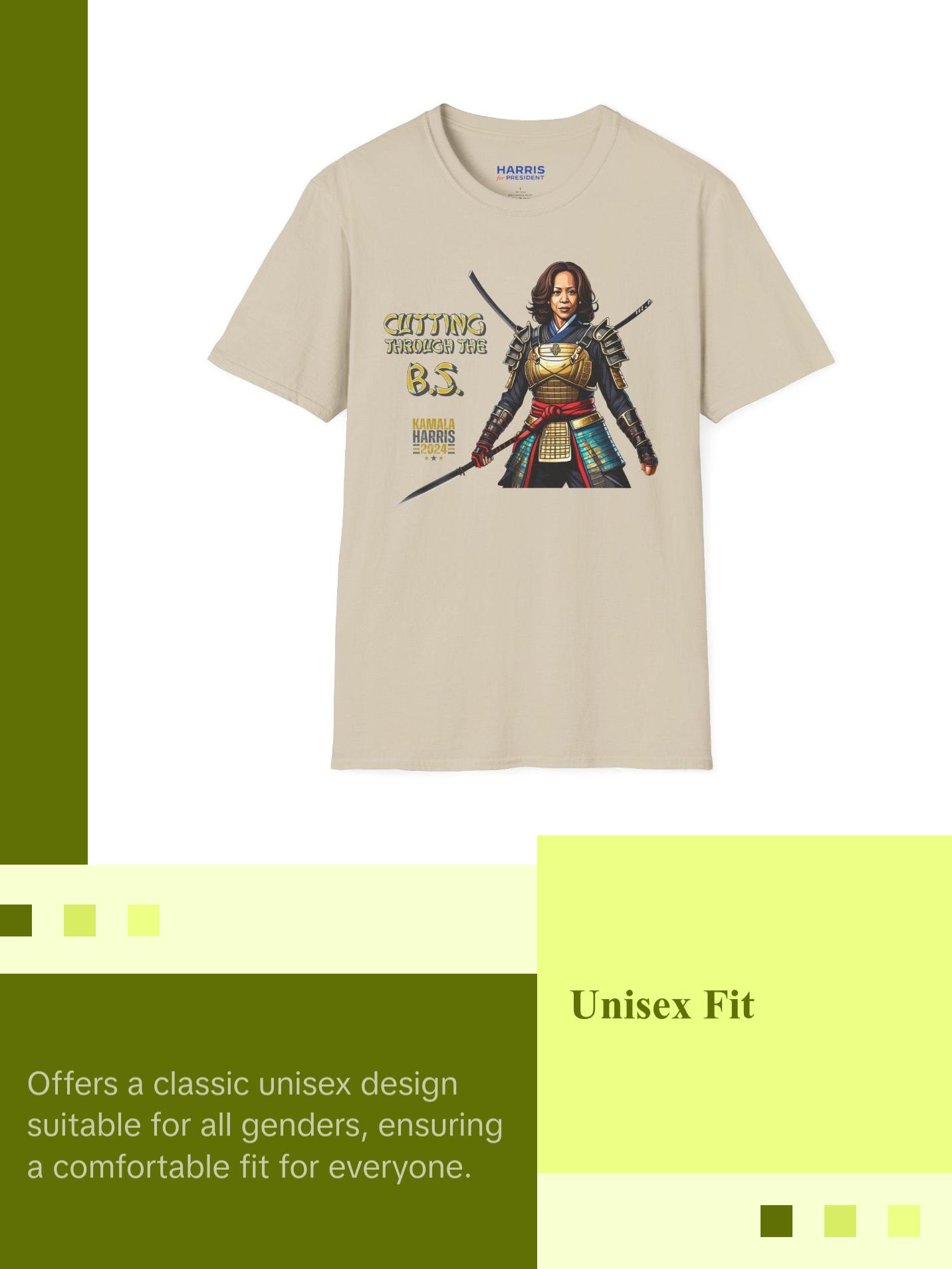 Kamala Harris "Cutting Through the B.S." Samurai T-Shirt - Bold Political Statement Tee - Available in Multiple Colors Classic Cotton Fabric Menswear Top Collar Graphic Crewneck