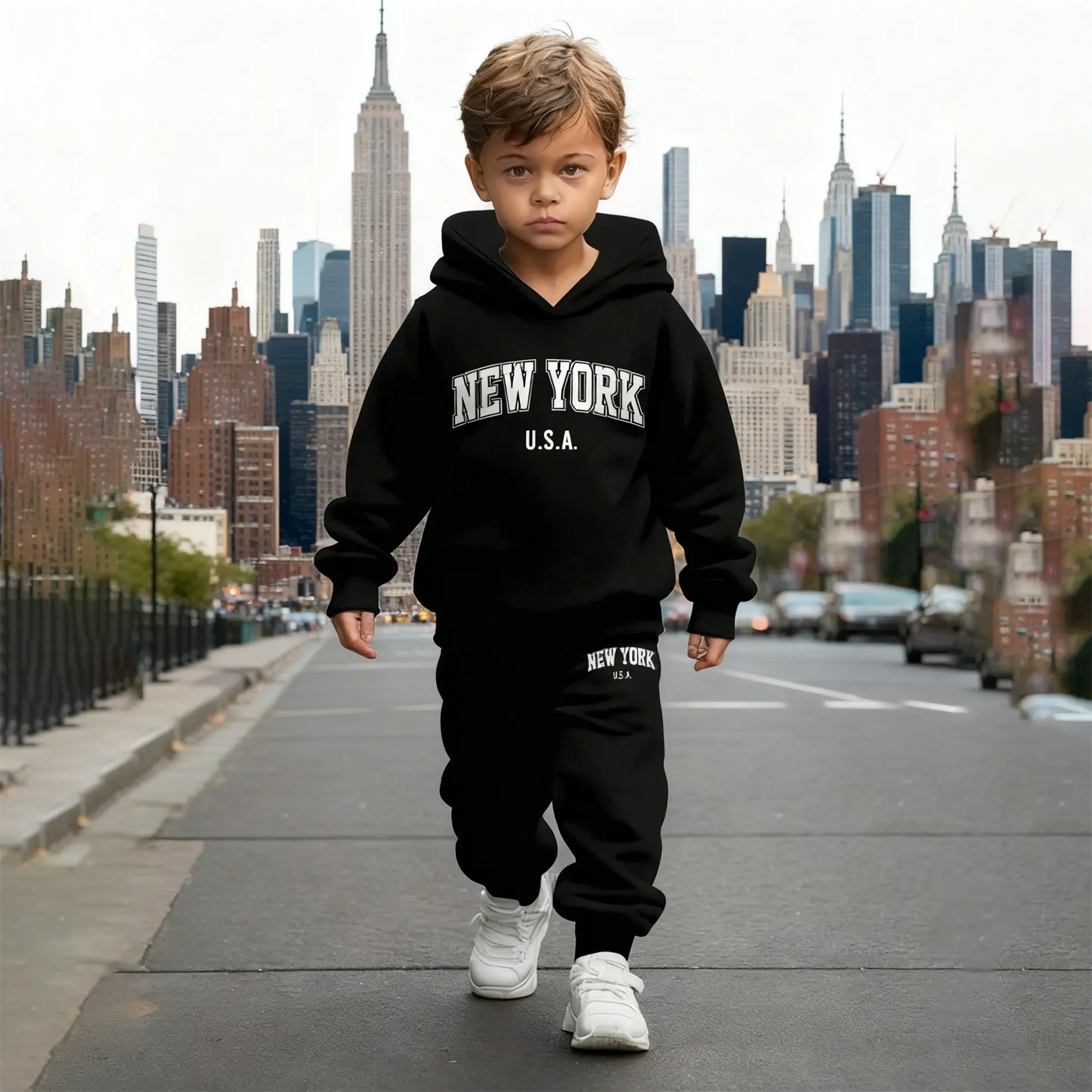 Unisex New York print hooded tracksuit for children and boys, featuring a fleece-lined sweatshirt and jogging pants, perfect for casual indoor and outdoor wear in fall and winter.