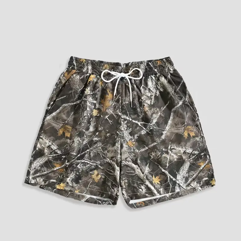 Retree Camo Tree Print Board Shorts, Casual Summer Streetwear Shorts with Pockets, Breathable Lightweight Beach Swim Shorts for Men