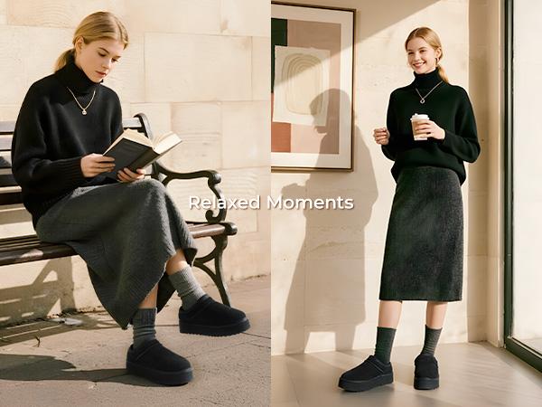 Dream Pairs FuzzyEasy Slip-On Suede Ankle Bootie-Slippers – Faux-Fur Lining, Indoor/Outdoor Memory-Foam Cushion