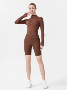 Women's Cropped Zip-Up Jacket & High-Waisted 5" Biker Shorts Set, Slim Fit Quick-Dry Yoga Activewear for Workout & Running