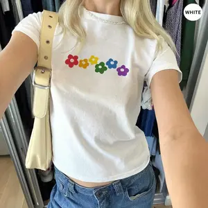 [Sale off up to 50%]  Rainbow Flower Baby Tee, Gay Lesbian Crop Tee, Women Y2K Top, Pride Month LGBT Support Tee, Womens Graphic Tee