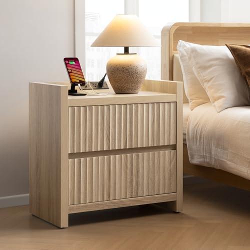 SICOTAS Night Stand Set of 2 Fluted Nightstands with Charger Station, Large Modern Nightstand Bedside Table End Table with 2 Drawers, 25" Wide Farmhouse Night Stands for Bedroom, Sofa Side
