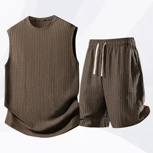 Waffle sleeveless suit, men's summer loose tank top shorts, casual sports two-piece suit