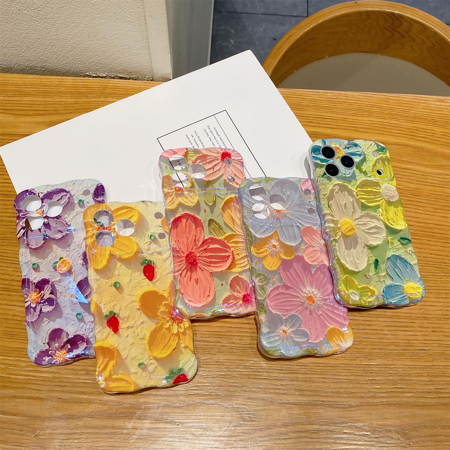 Colorful Retro Oil Painting Flower Pattern Compatible with iPhone 17 Pro Max/ 16/15/ 14/13,Pretty Glossy Pattern Wave Cover Cute Sparkly Floral TPU Protective Case for Women and Girl