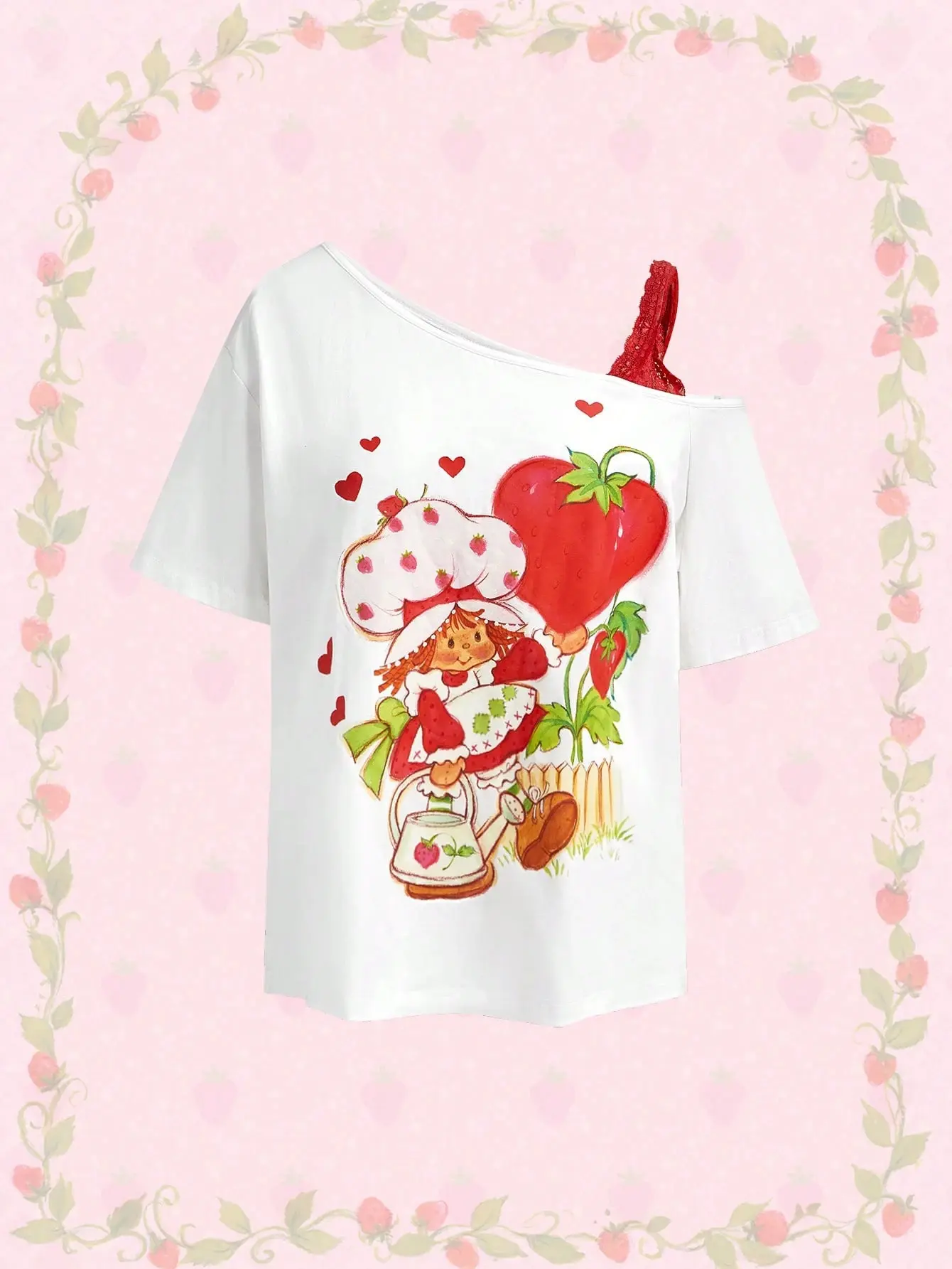 Strawberry Shortcake Women's Loose-Fitting Short Sleeve White T-Shirt - Cute Cartoon Character & Strawberry Print, Contrast Lace, Asymmetrical Neck, Casual Everyday Commute Vacation Summer Top, Shortsleeve, Comfortable