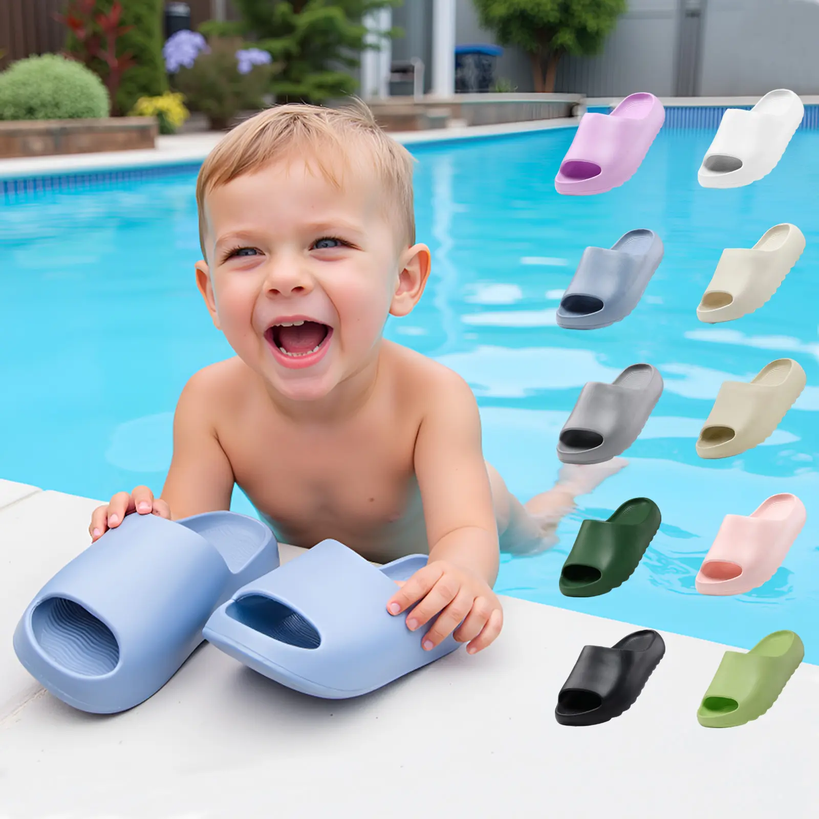 rosyclo Kids Open-Toe Cloud Slides, Non-Slip Thick Bottom Waterproof EVA Slippers for Toddlers, Lightweight Comfy Pillow Summer Footwear for Boys & Girls, Easy Dressing for Home, Pool & Beach, Non Slip Slippers, Thick Bottom Slippers