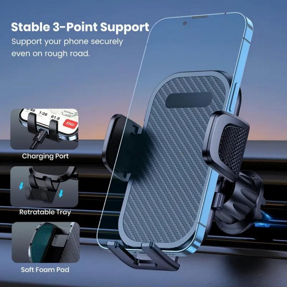 360° Rotation Navigation Holder Carbon Fiber Car Air Vent Clip On Phone Mount, One-Touch Release, Shockproof Phone Holder Stand, Universal Fit for iPhone 11-17 Series Samsung S20-S24 Series Google Pixel 4-7 Series All 4-7" Smartphones