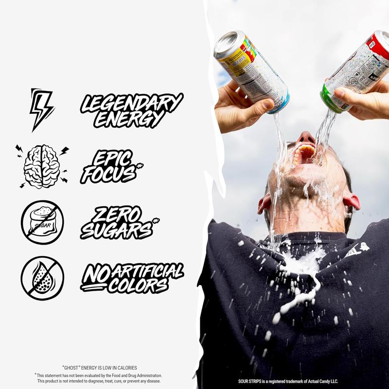 GHOST Energy Drink - 12-Pack, Sour Strips Rainbow, 16oz Cans - Energy & Focus & No Artificial Colors - 200mg of Natural Caffeine, L-Carnitine & Taurine - Gluten-Free & Vegan