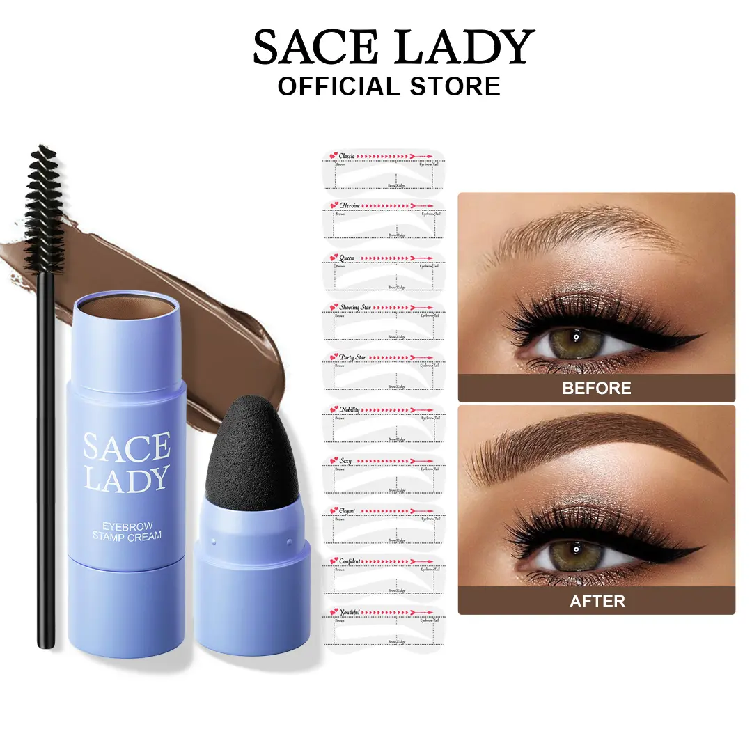 SACE LADY Eyebrow Stamp Kit for Eyebrow Makeup, Waterproof Pigmented Long-Lasting Brow Cream with Brush, 10 Reusable Brow Stencils for Easy Application & Natural Look
