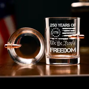 250 Years of Freedom 1776 We The People Bullet Whiskey Glass – Patriotic American Flag Rocks Glass with Real .308 Bullet