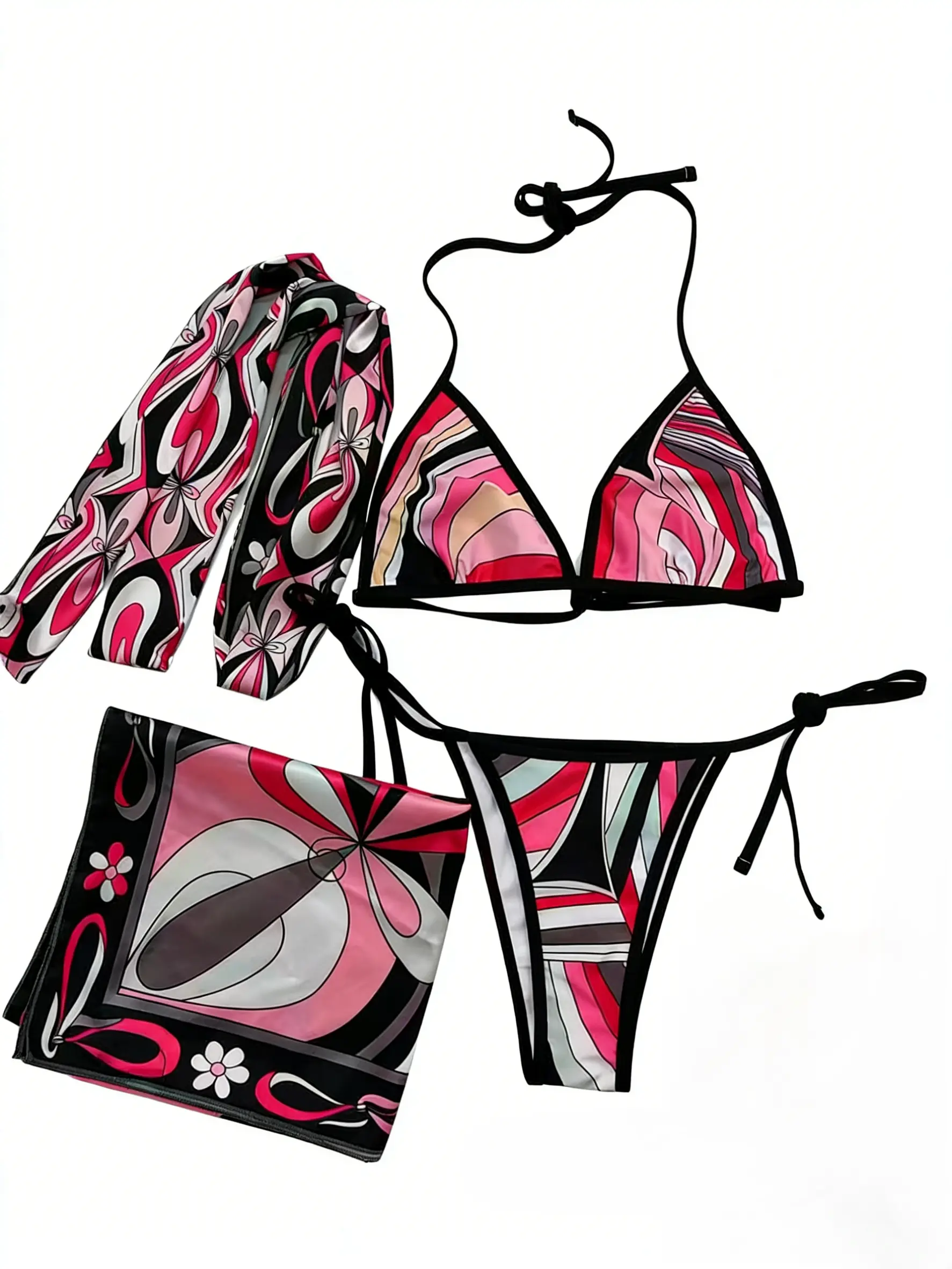 Women's Luxury Floral Print Silk 3-Piece Bikini Set (XS-XL) - Adjustable Strap, Silky Smooth, Tie Back, Includes Scarf & YF2541 Bikini Headband, Bohemian Chic, Beach Party, Boho Vibe Swimwear