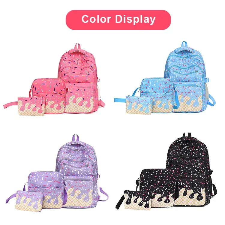 3 In 1 Kawaii Ice Cream Sprinkles Backpack Set, Dripping Waffle Print Large Capacity Laptop School Bag with Matching Crossbody Bag & Cosmetic Pouch, Water Resistant Bookbag for Teen Girls Back To School