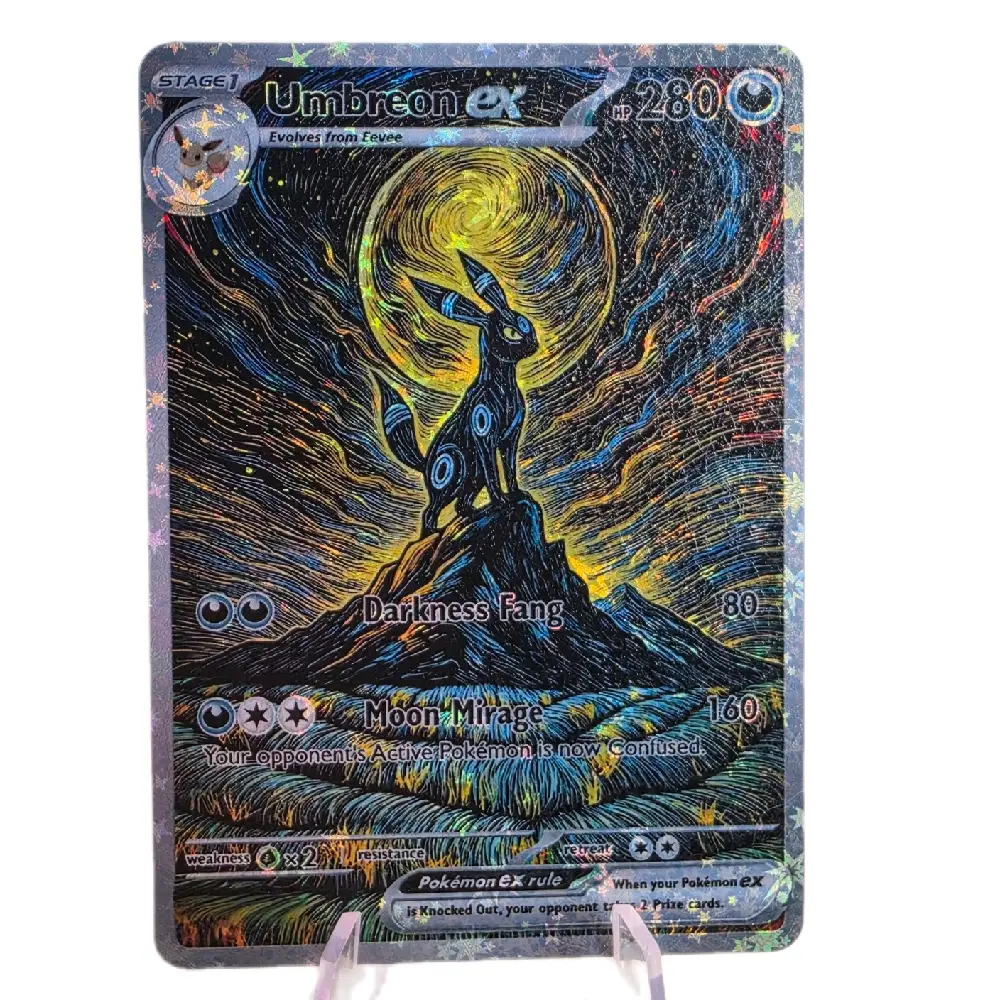 Umbreon EX Custom Trading Card - Starry Night Oil Painting Art Style - Dragon Skin Textured Holographic Finish - Scratch & Stain Resistant - Premium Eeveelution Fan Art Collectible
