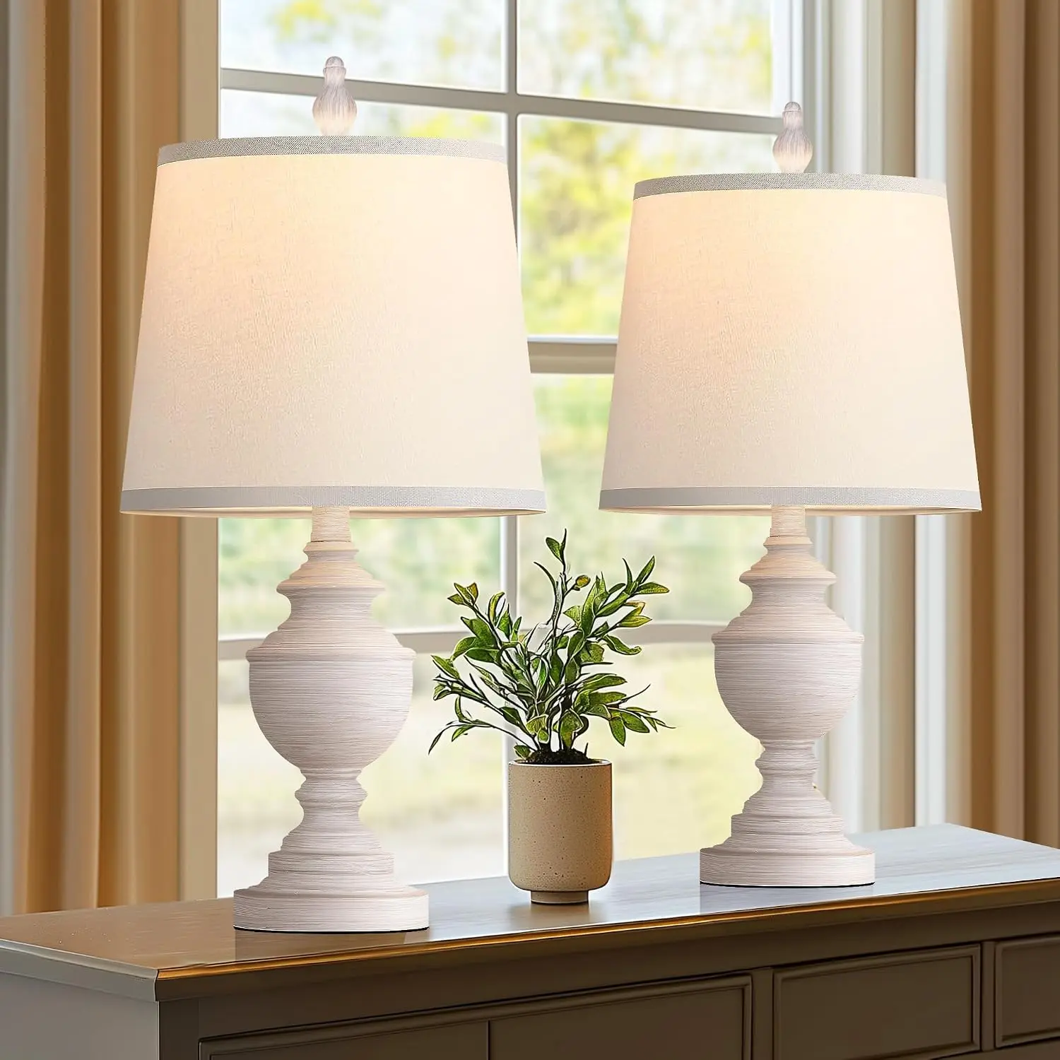 Set of 2 Retro Table Lamps, Bedside Lamp for Bedroom, Rustic Farmhouse Table Lamps for Living Room, 22" Vintage Nightstand Lamps with White Shades, White