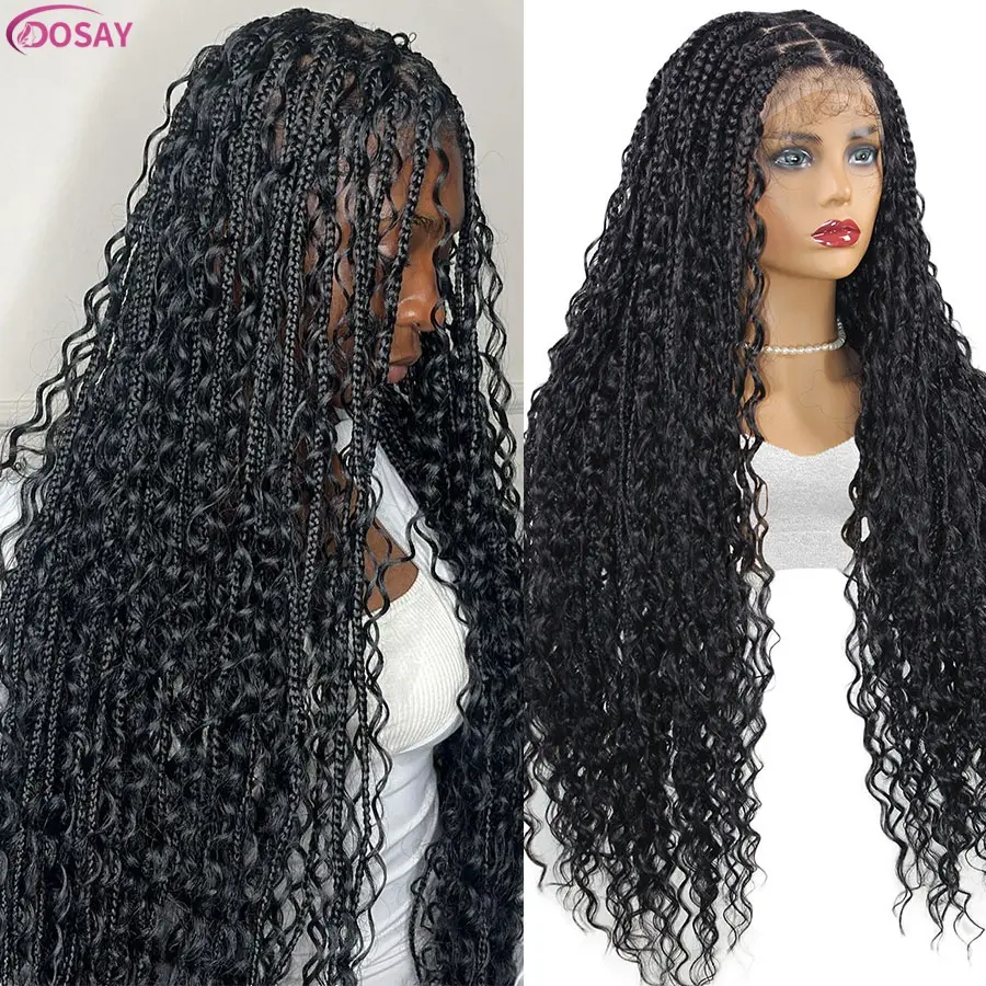Dosay Long Boho Braids Wig Box Braided Wigs Synthetic Full Lace Front Goddess Wig With Curly Hair Ends Knotless Square Braided Wigs Cornrows