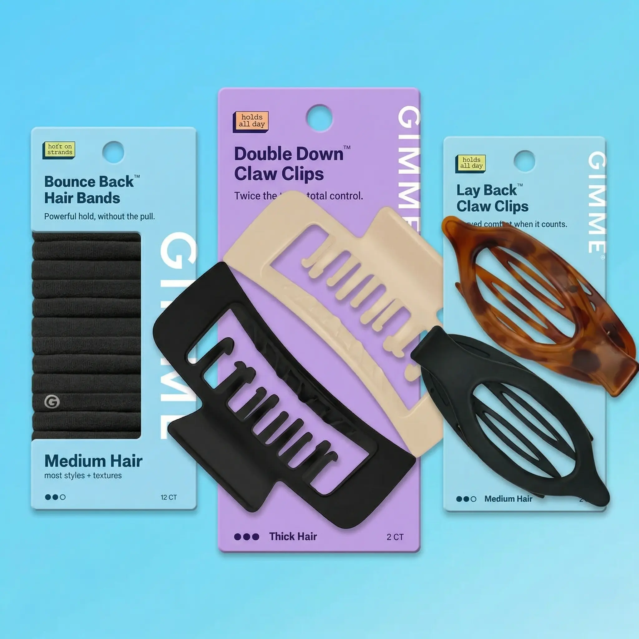 Gimme Beauty Everyday Hair Bundle - Double Teeth Claw Clips + Lay Flat Claw Clips + Seamless Hair Bands, Fine, Medium & Thick Hair Kit