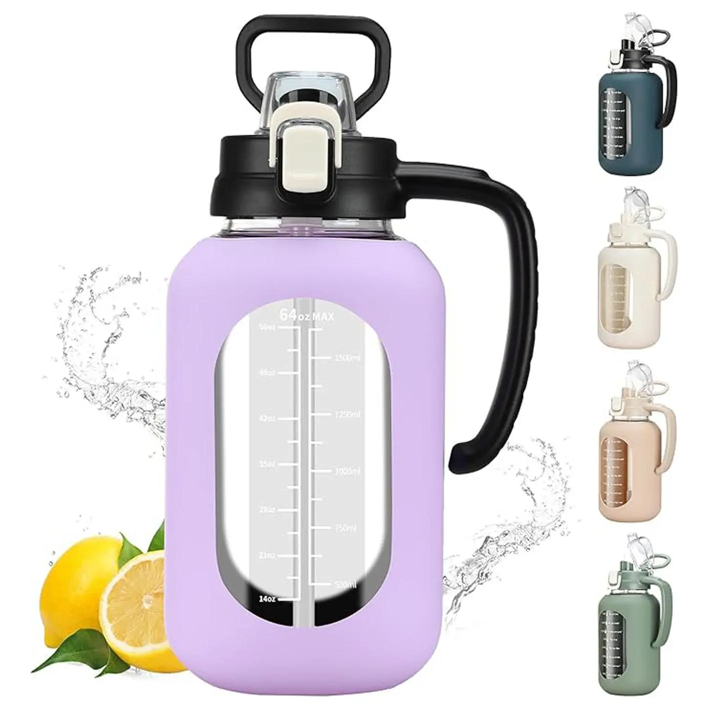 【WINSA】 64 oz Borosilicate Glass Water Bottle with Lid and Handle, Half Gallon Water Bottle with Time Marker, Large Water Bottle with Silicone Sleeve, Suitable for Coffee, Juice, Homemade Beverages, Hydration Tumbler, Water Bottle, Drinkware