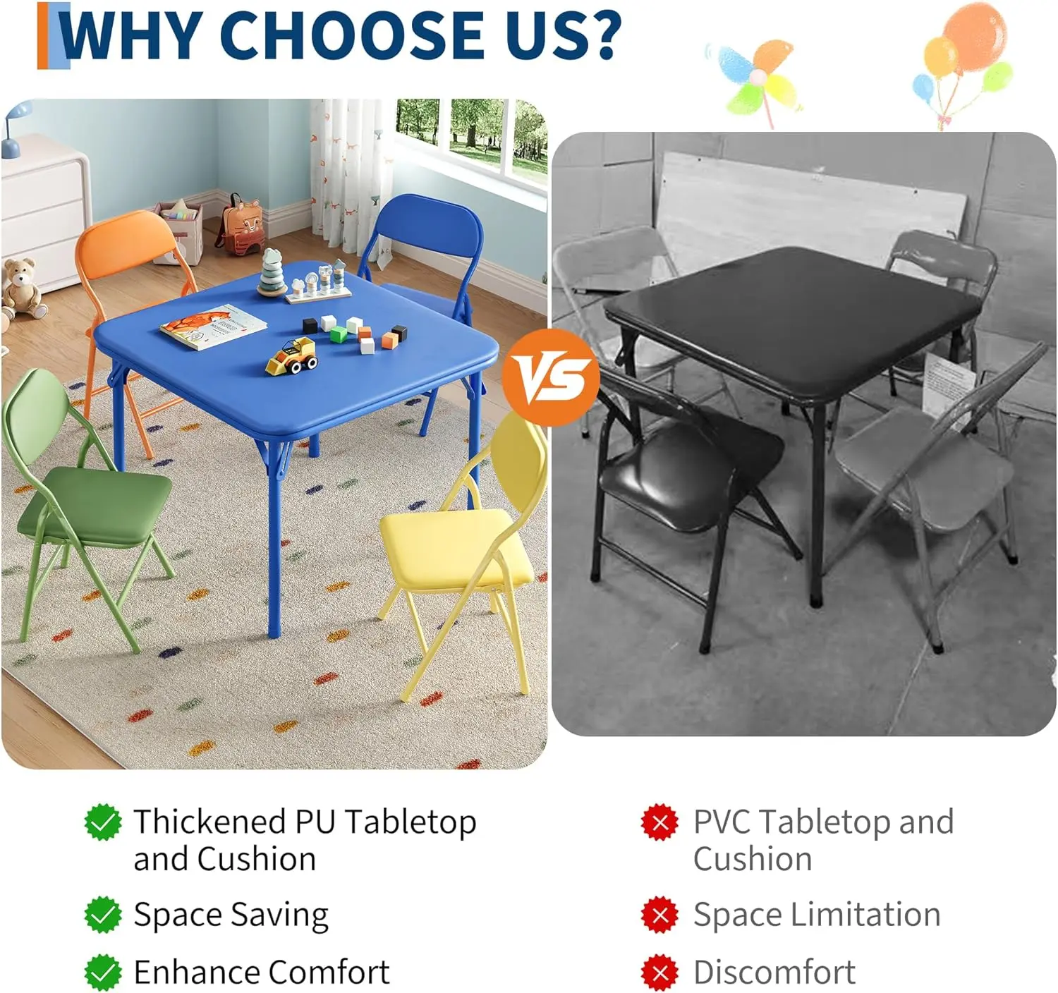 5 Piece Set Folding Table and Chairs Set, Boys and Girls Activity Table and Chairs Set for Dining Room,Daycare,Classrooms