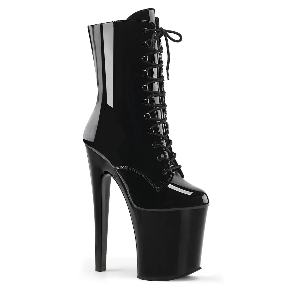 Pleaser Xtreme-1020 Women's Black Lace-Up Ankle Boots, 8" Spike Heel Platform Evening Shoe with Inner Side Zip, High Heels, Dress Boot, Classic, Statement Shoes, All Seasons